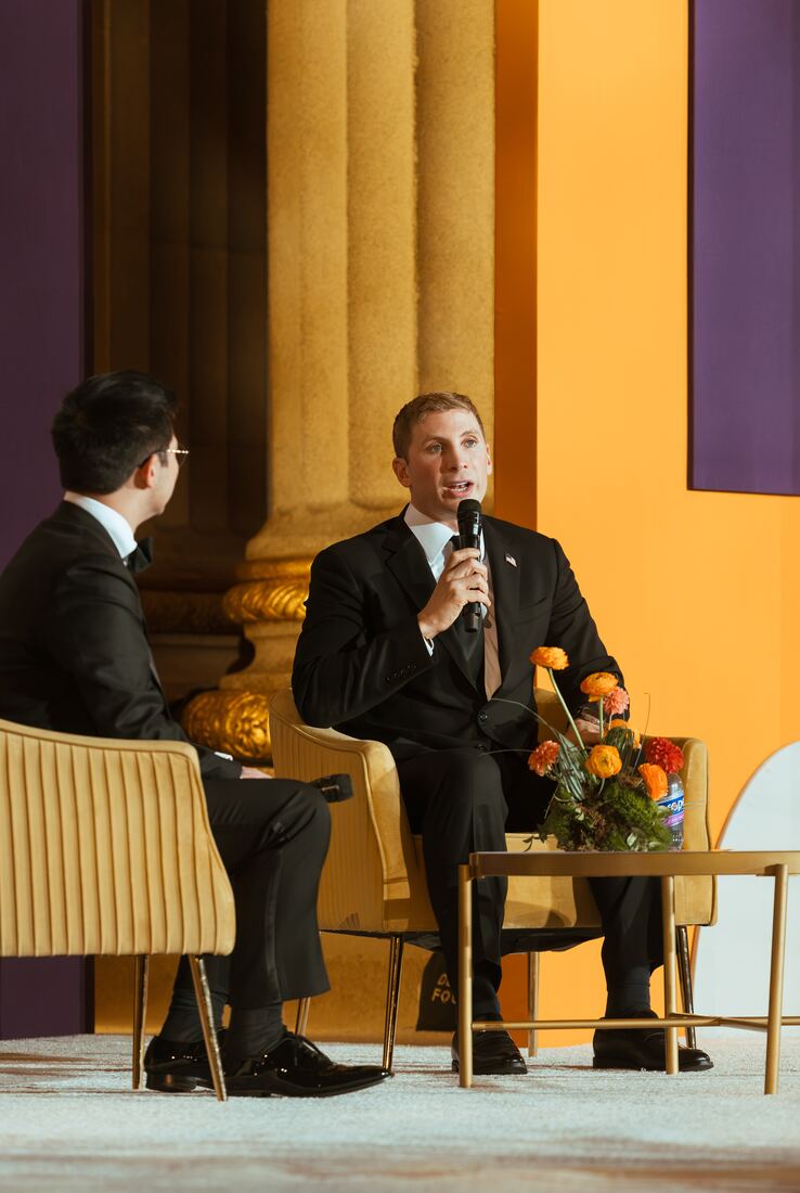 Jacob Helberg and Tim Hwang in conversation onstage