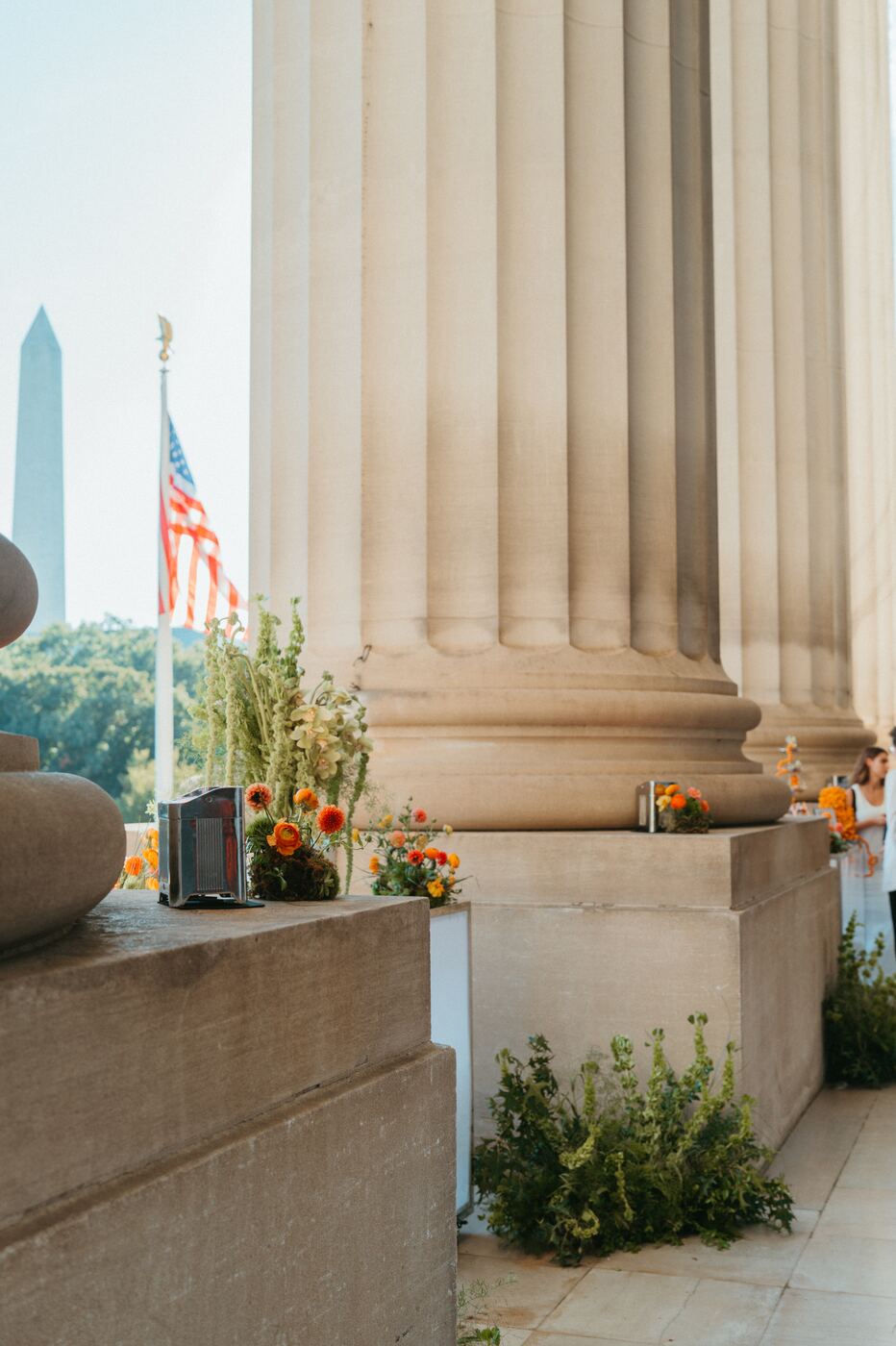 The portico reception in daylight, with the Washington Monument beyond