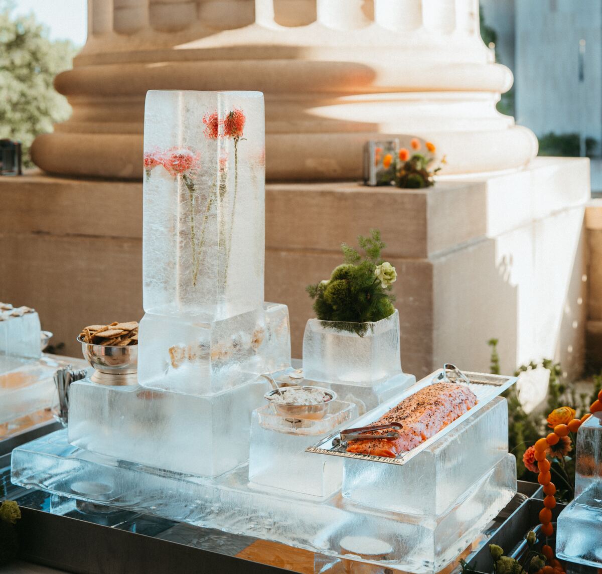 An ice sculpture raw bar on the portico