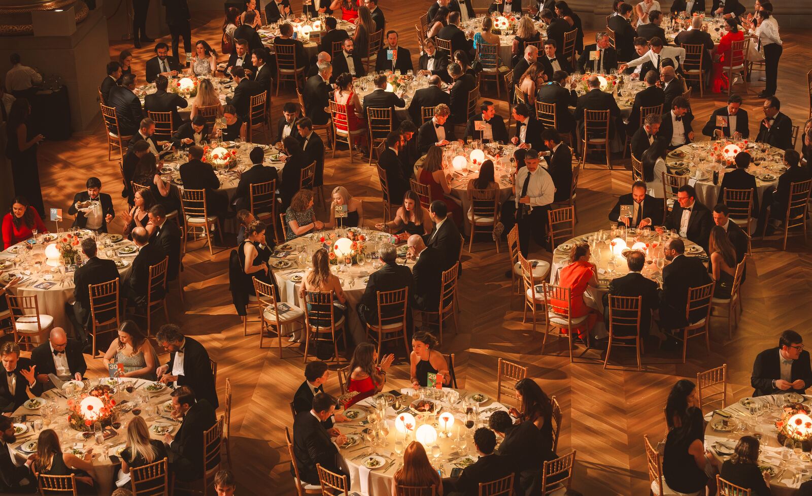 The full dining hall seen from the upper balcony